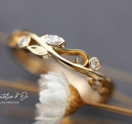 Alliance inspiration végétale en or éthique 18 carats et diamants marquise