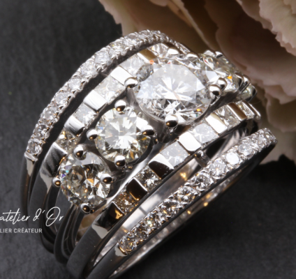 Transformation de bagues en or blanc avec diamants par L’Atelier d’Or artisan joaillier