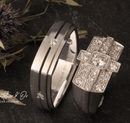 Duo d'alliances en or blanc et diamants inspiration art déco