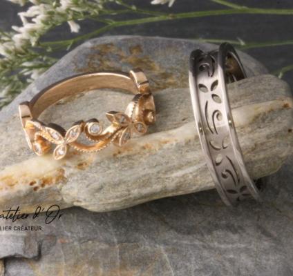 Duo d'alliances en or éthique 18 carats d'inspiration florale