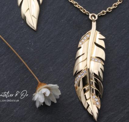 Pendentif plume en or éthique 18 carats – serti de diamants