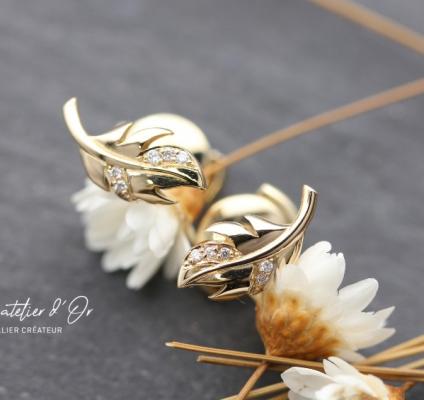 Boucles d'oreilles plume en or éthique 18 carats et diamants - parure 