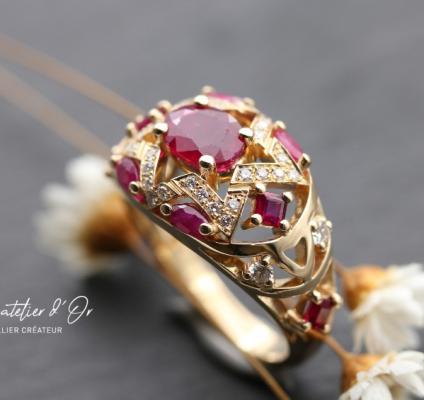 Bague d’exception en or 18 carats – Rubis, diamants & Étoile de David