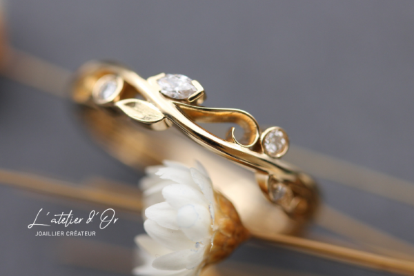 Alliance inspiration végétale en or éthique 18 carats et diamants marquise