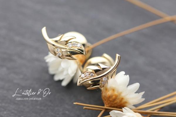 Boucles d'oreilles plume en or éthique 18 carats et diamants - parure 