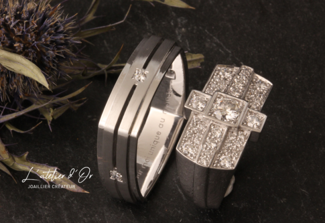 Duo d'alliances en or blanc et diamants inspiration art déco