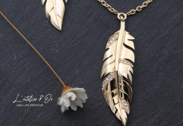 Pendentif plume en or éthique 18 carats – serti de diamants