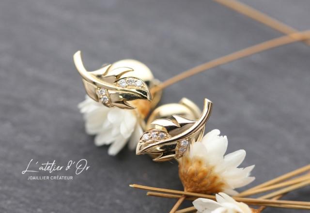 Boucles d'oreilles plume en or éthique 18 carats et diamants - parure 