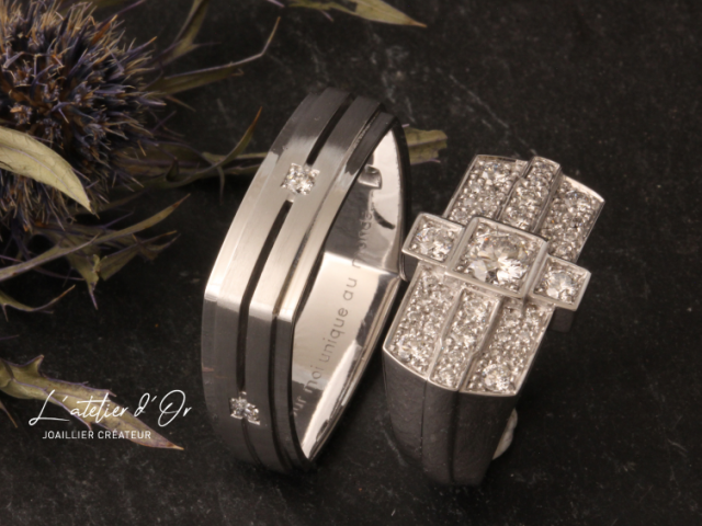 Duo d'alliances en or blanc et diamants inspiration art déco
