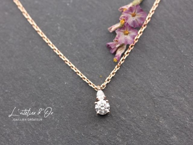 Collier en or éthique 18 carats  avec son pendentif diamant poire et diamant rond