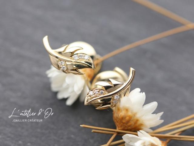 Boucles d'oreilles plume en or éthique 18 carats et diamants - parure 